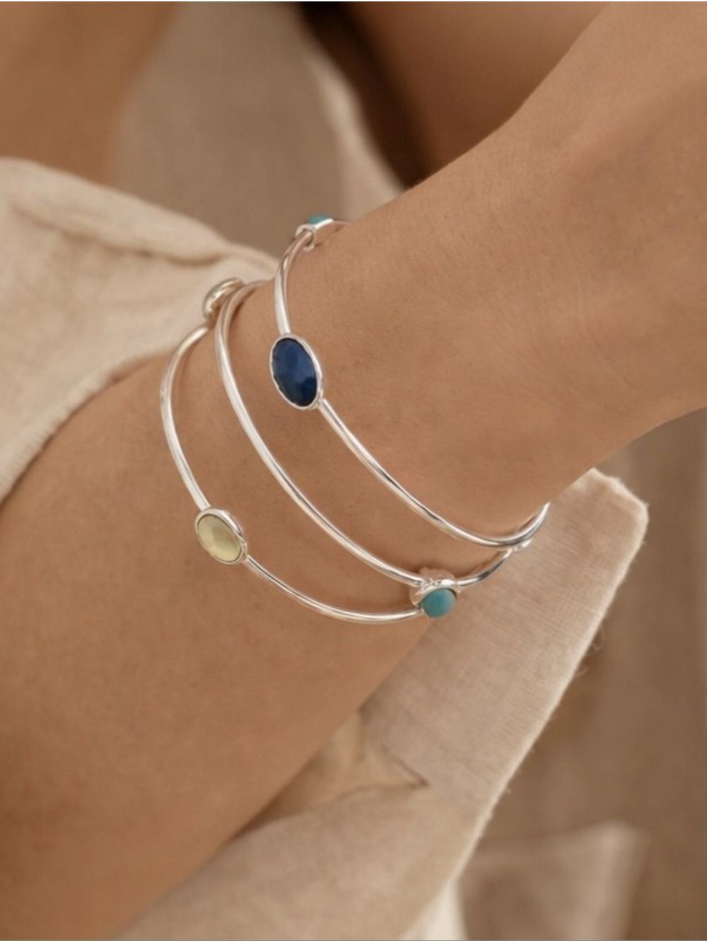 Faceted Beaded Silver Tone Bangle Set 3pc Stack